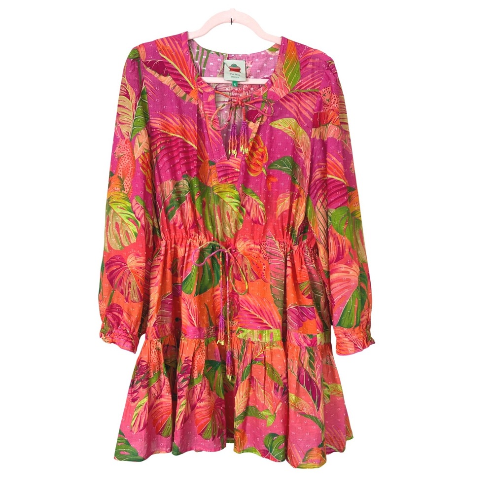 Farm Rio Pink Tropical Leaf Cheetah Print Mini Dress XL Long Sleeve Beaded Tie